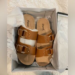 Qupid Brielle Camel Double Buckle Sandals